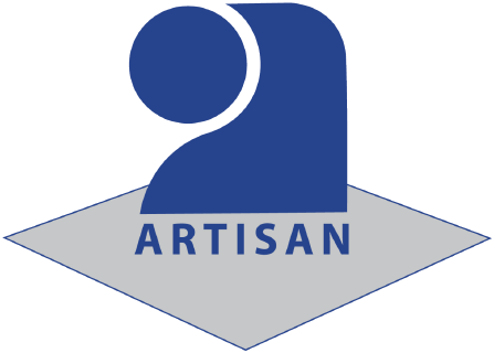 Marque du titre d'Artisan d'Art : silhouette stylisée posée sur un losange gris portant la mention ARTISAN.